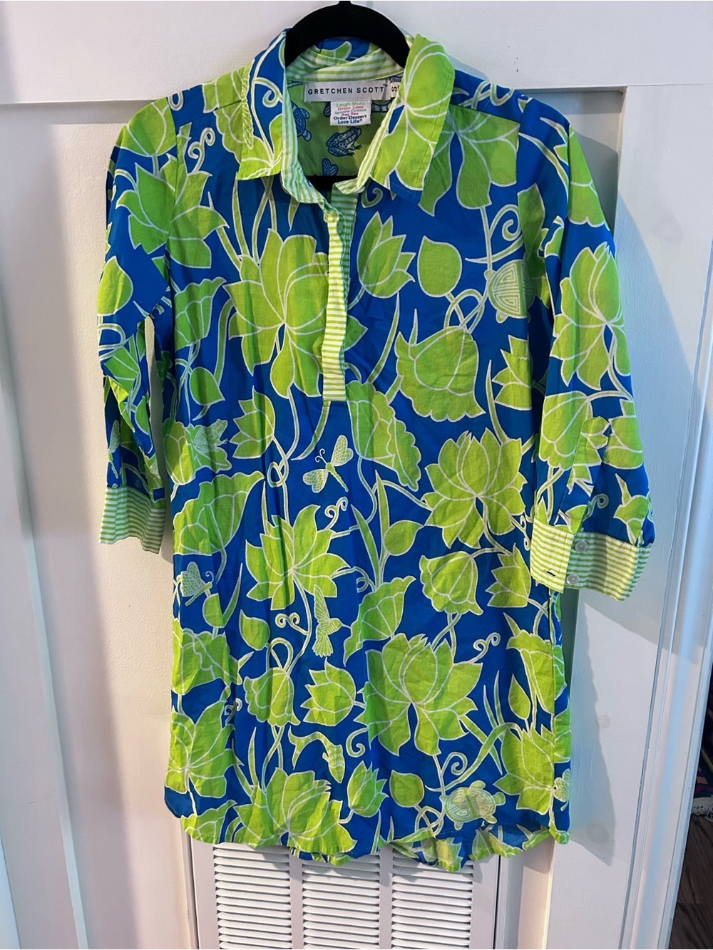 Gretchen Scott Blue & Lime Green Floral Tunic swim cover size small cotton